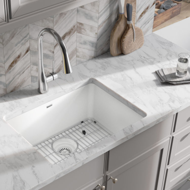 Elkay Quartz Classic White 25in x 18in Undermount Single Bowl Kitchen Sink Kit with Rear Center Drain, Bottom Grid, Strainer, and Cleaning Kit - ELGU2522WH0C