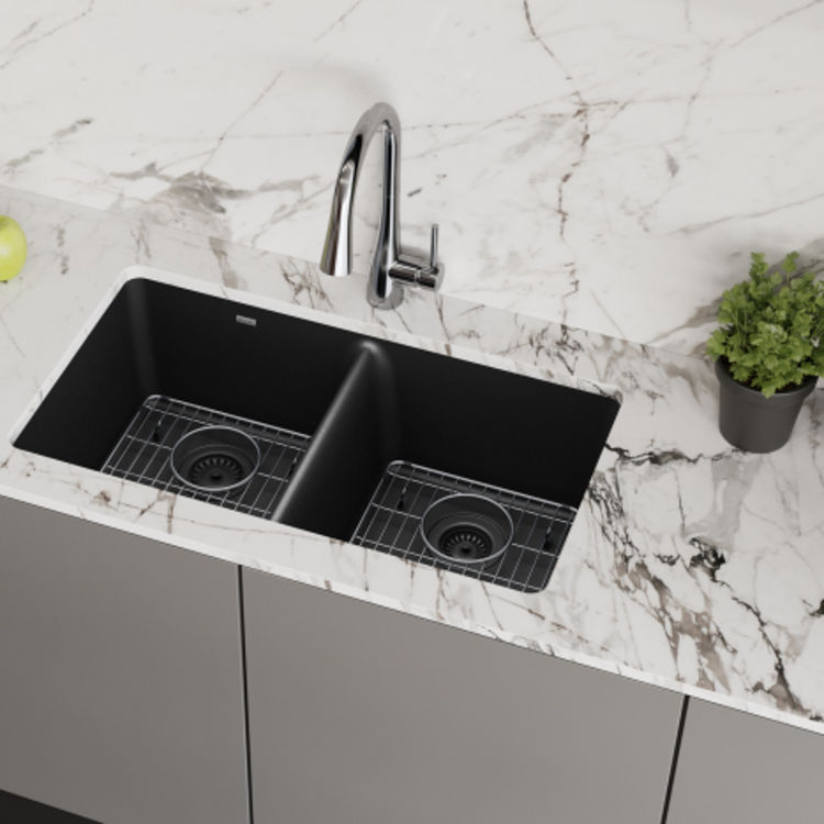 Elkay Quartz Classic Black Equal Double-Bowl Undermount Sink Kit, 33" x 18-1/2" x 9-1/2" - ELGU3322BK0C