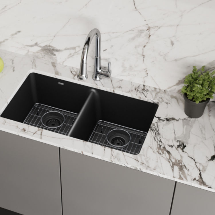 Elkay Quartz Classic Black Equal Double-Bowl Undermount Sink Kit, 33" x 18-1/2" x 9-1/2" - ELGU3322BK0FC