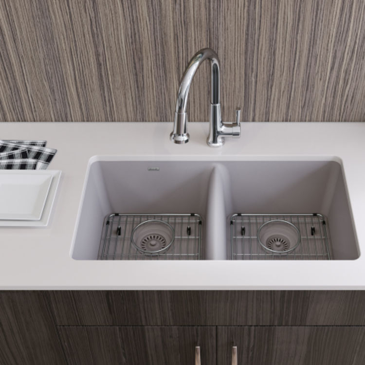 Elkay Quartz Classic Greystone Equal Double-Bowl Undermount Sink Kit, 33" x 18-1/2" x 9-1/2" - ELGU3322GS0FC