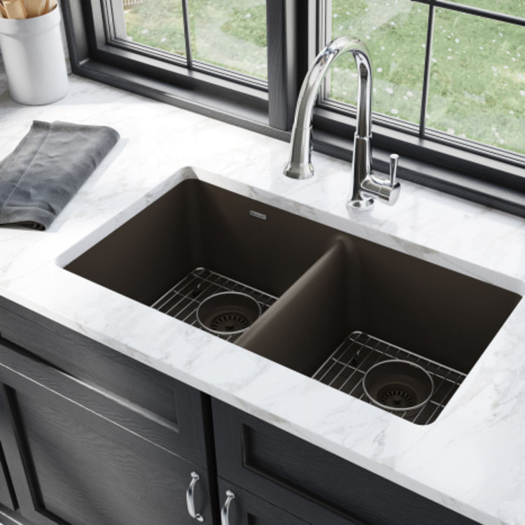Elkay Quartz Classic Mocha Equal Double-Bowl Undermount Sink Kit with Faucet, 33" x 18-1/2" x 9-1/2" - ELGU3322MC0FC