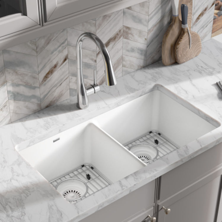 Elkay Quartz Classic White Equal Double-Bowl Undermount Sink Kit, 33" x 18-1/2" x 9-1/2" - ELGU3322WH0C
