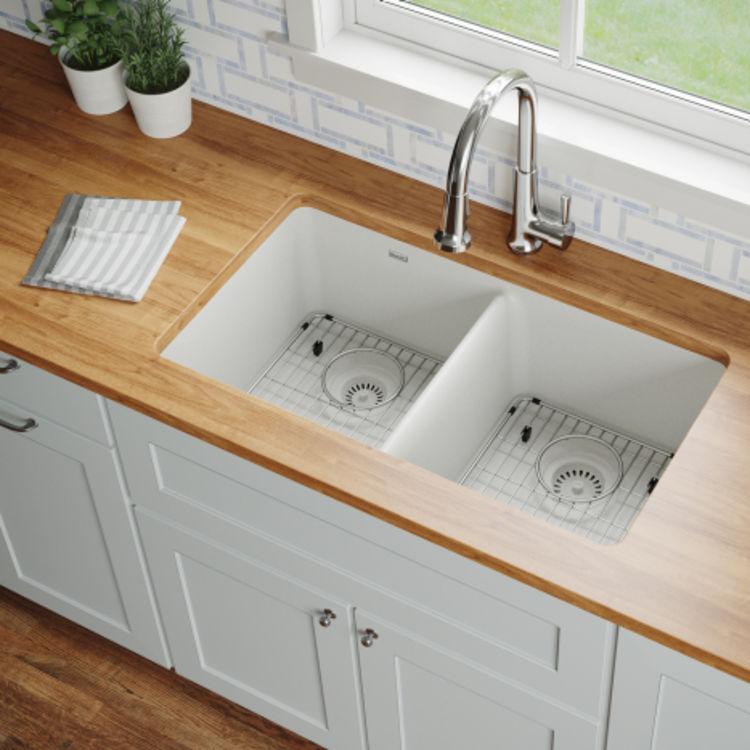 Elkay Quartz Classic White Equal Double-Bowl Undermount Sink Kit with Faucet, 33" x 18-1/2" x 9-1/2" - ELGU3322WH0FC