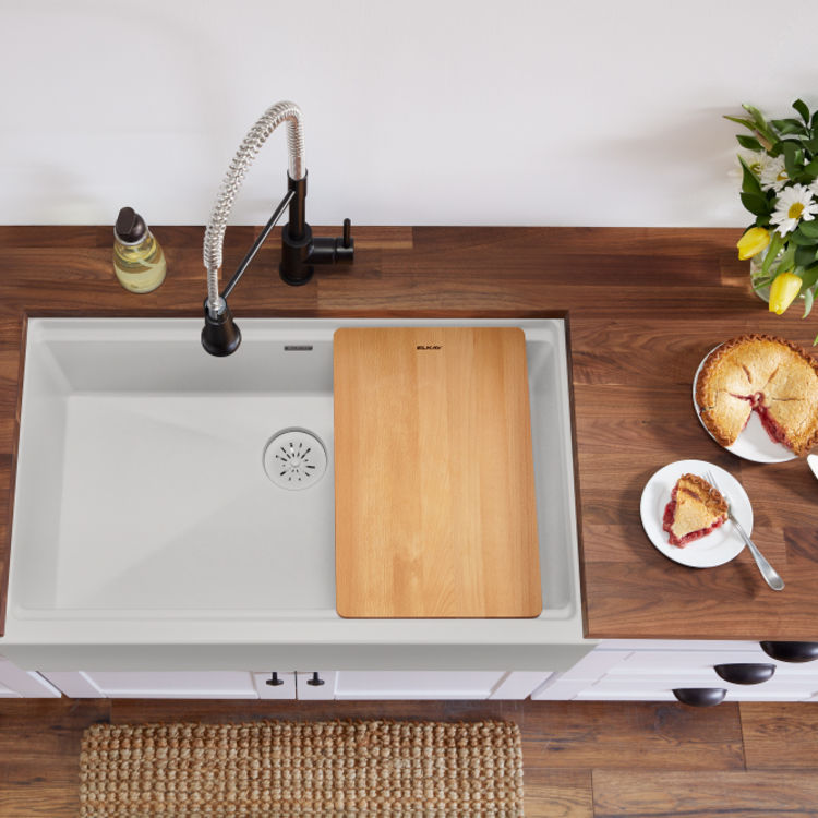 Elkay Quartz Luxe Ricotta 36in x 22in x 9in Single Bowl Apron Farmhouse Workstation Kitchen Sink Kit with Cutting Board, Drain  - ELXUFP362010RT0  