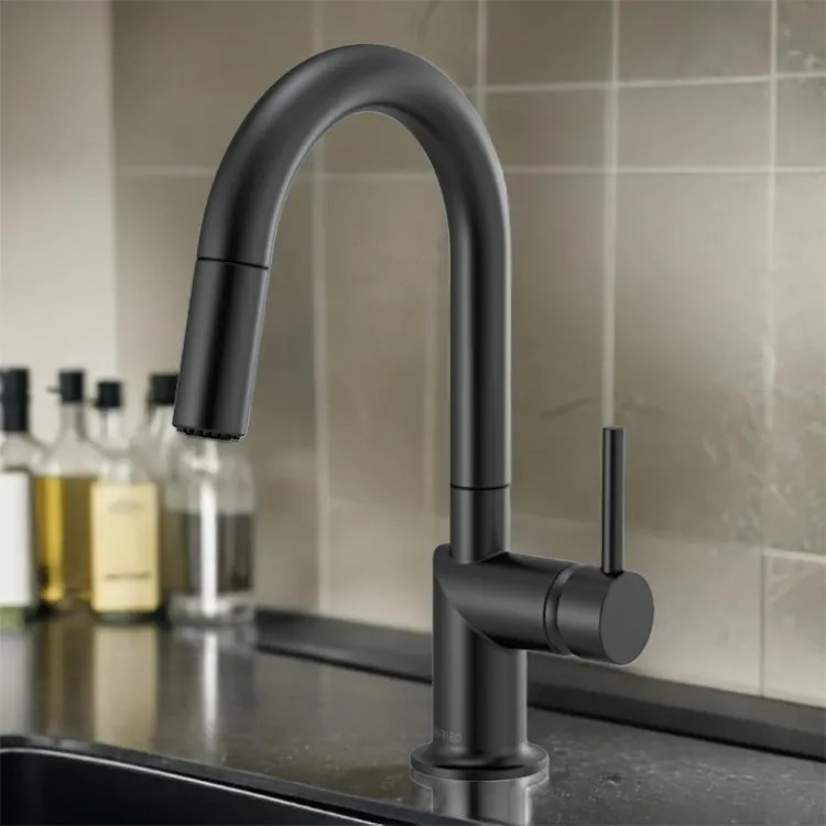 Brizo Odin Single Handle Pull-Down Bar Faucet with High-Arc Swivel Spout, MagneDock, Two Function, 1.8 GPM, Matte Black - 63975LF-BLLHP