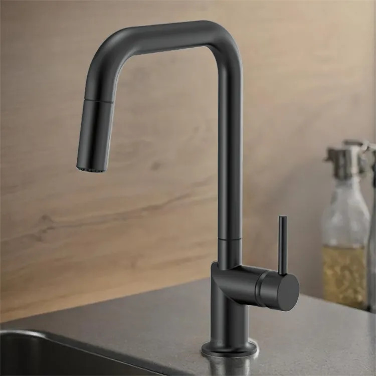 Brizo Odin Single Handle Pull-Down Kitchen Faucet with Square Swivel Spout, MagneDock, DIAMOND Seal, Two Function, 1.8 GPM, Matte Black - 63065LF-BLLHP