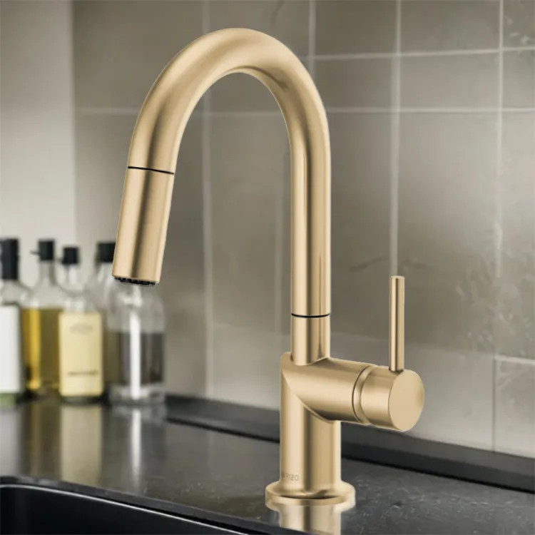 Brizo Odin Single Handle Pull-Down Bar Faucet with High-Arc Swivel Spout, MagneDock, Two Function, 1.8 GPM, Brilliance Luxe Gold - 63975LF-GLLHP