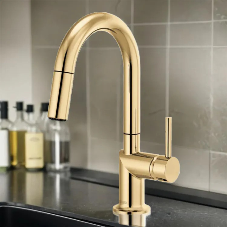 Brizo Odin Single Handle Pull-Down Bar Faucet with High-Arc Swivel Spout, MagneDock, Two Function, 1.8 GPM, Brilliance Polished Gold - 63975LF-PGLHP