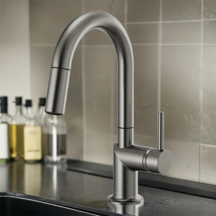 Brizo Odin Single Handle Pull-Down Bar Faucet with High-Arc Swivel Spout, MagneDock, Two Function, 1.8 GPM, Brilliance Luxe Steel - 63975LF-SLLHP