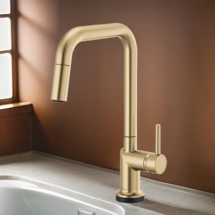 Brizo Odin SmartTouch Pull-Down Kitchen Faucet with Square Swivel Spout, MagneDock, Two Function, 1.8 GPM, Brilliance Luxe Gold - 64065LF-GLLHP