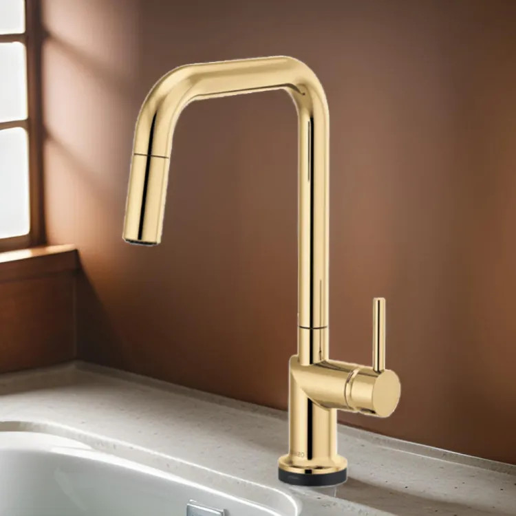 Brizo Odin SmartTouch Pull-Down Kitchen Faucet with Square Swivel Spout, MagneDock, Two Function, 1.8 GPM, Brilliance Polished Gold - 64065LF-PGLHP
