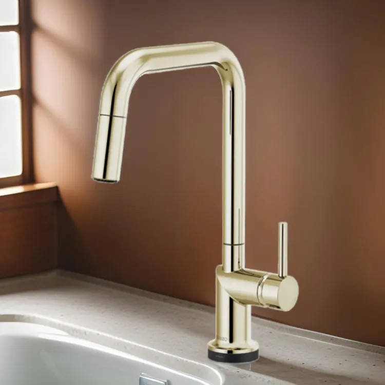 Brizo Odin SmartTouch Pull-Down Kitchen Faucet with Square Swivel Spout, MagneDock, Two Function, 1.8 GPM, Brilliance Polished Nickel - 64065LF-PNLHP