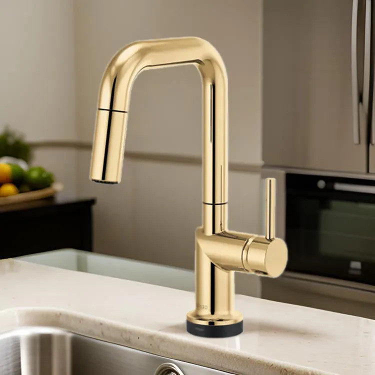Brizo Odin SmartTouch Pull-Down Prep Kitchen Faucet with Square Spout, Diamond Seal Technology, MagneDock Magnetic Docking, Touch-Clean, 1.8 GPM, Brilliance Polished Gold - 64965LF-PGLHP