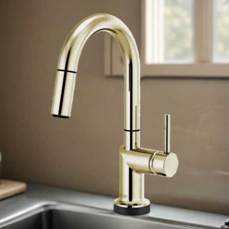 Brizo Odin SmartTouch Pull-Down Bar/Prep Faucet with Arc Spout, Diamond Seal, MagneDock, Touch-Clean, 1.8 GPM, Brilliance Polished Nickel - 64975LF-PNLHP