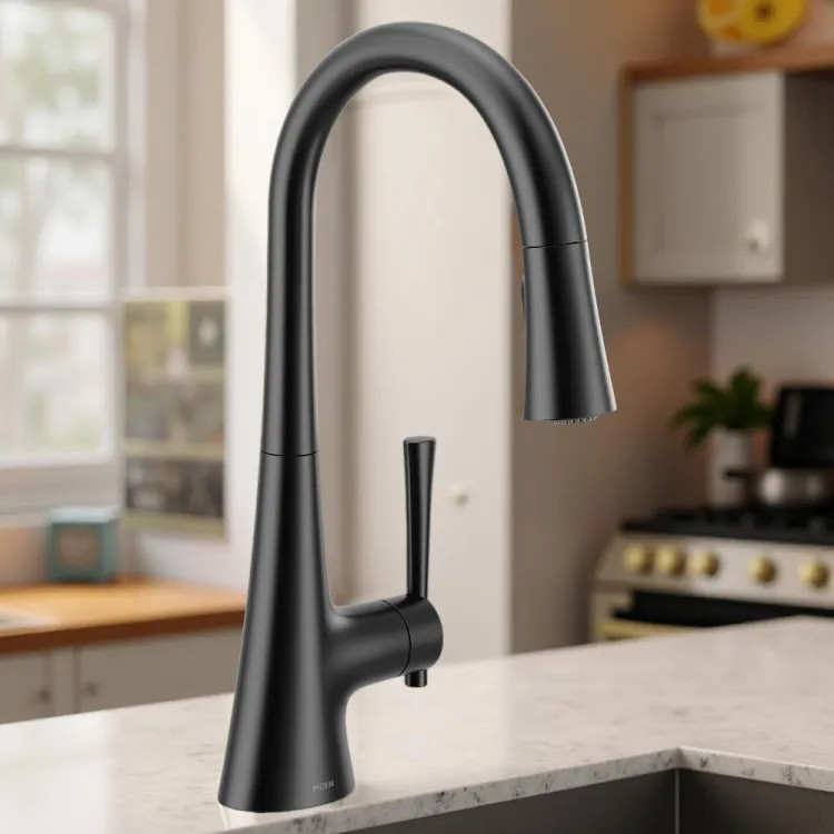 Moen Kurv Single-Handle High Arc Pull-Down Kitchen Faucet w/ Power Boost, 1.5 GPM, Matte Black - 9126BL