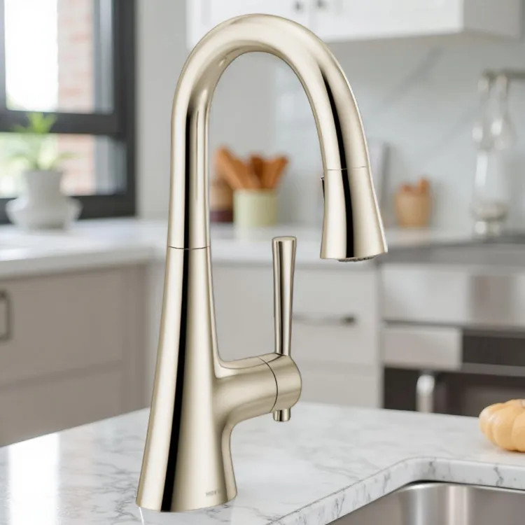 Moen Kurv Single Handle High Arc Pull-Down Bar/Prep Faucet, 1.5 GPM, Polished Nickel - 6126NL