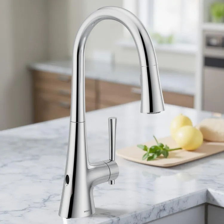 Moen Kurv Single-Handle High Arc Pulldown Touchless Kitchen Faucet w/ MotionSense Wave, 1.5 GPM, Chrome - 9126EWC