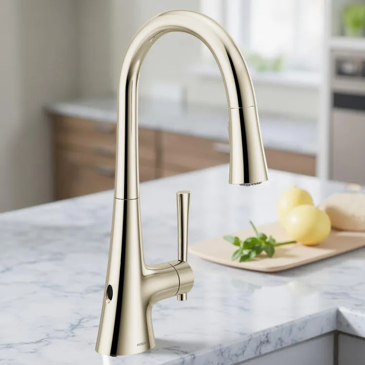 Moen Kurv Single-Handle High Arc Pulldown Touchless Kitchen Faucet w/ MotionSense Wave, 1.5 GPM, Polished Nickel - 9126EWNL