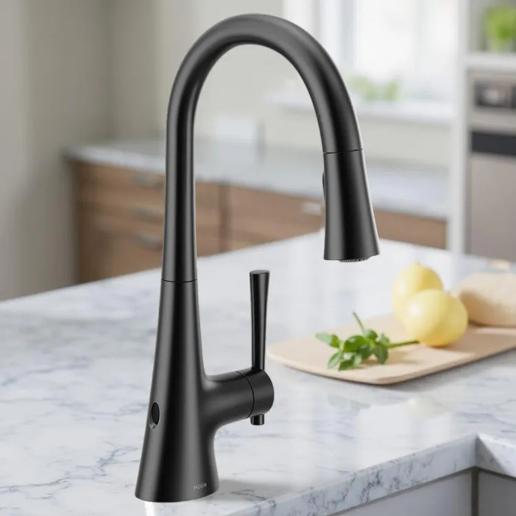 Moen Kurv Single-Handle High Arc Pulldown Touchless Kitchen Faucet w/ MotionSense Wave, 1.5 GPM, Matte Black - 9126EWBL