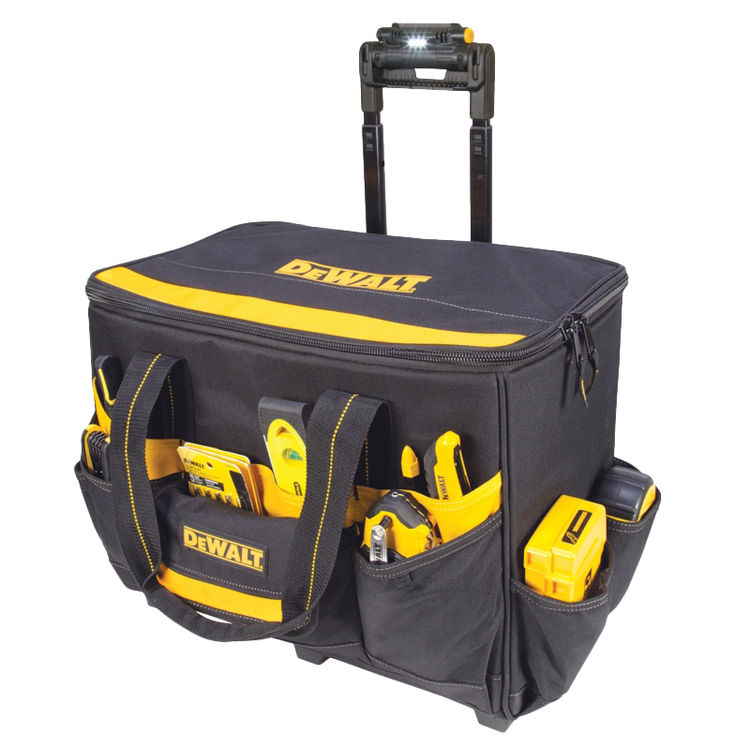 Custom LeatherCraft 18-inch Lighted Roller Tool Bag, 20 Multi-Use Pocket, Padded Web Carrying Handles, Telescoping LED Light Handle - DGL571