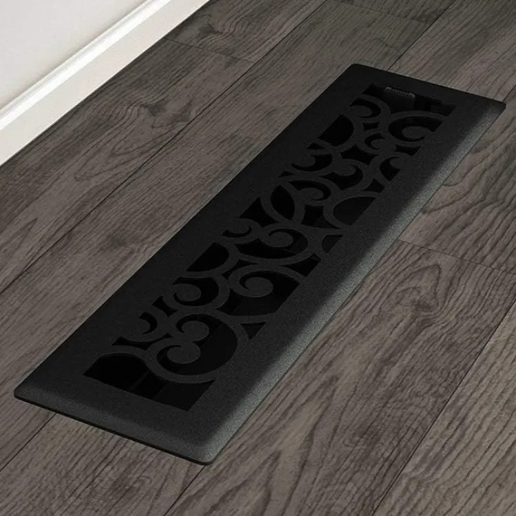 Imperial 2-1/4"x12" Black Iron Steel Floor Register, Wonderland Design, High-Impact Polystyrene Damper - RG3457
