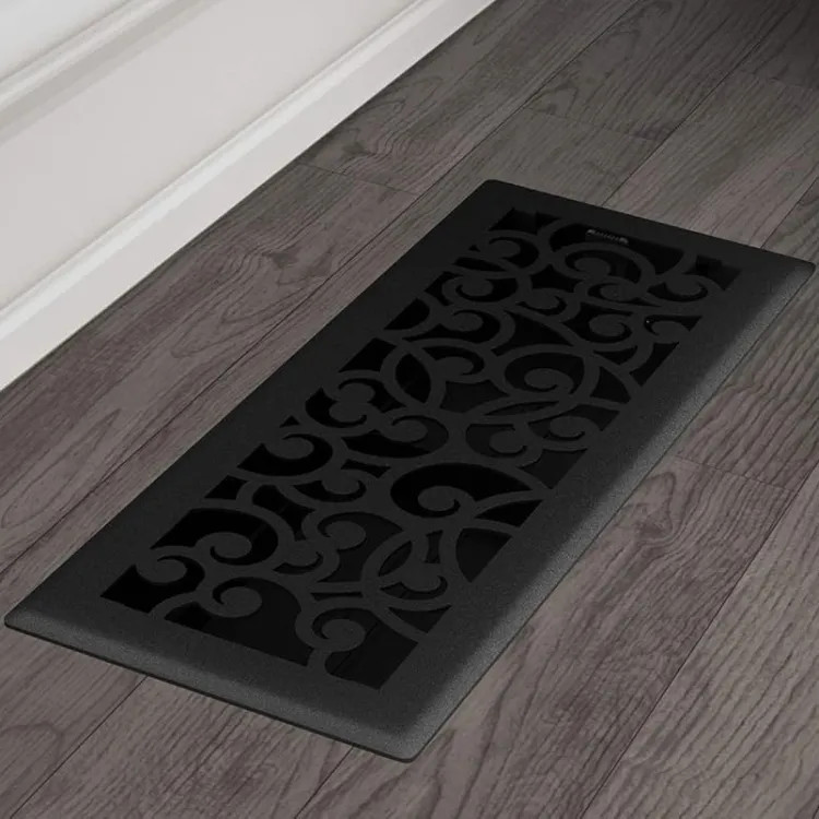 Imperial 4"x12" Black Iron Steel Floor Register, Wonderland Design, High-Impact Polystyrene Damper - RG3460