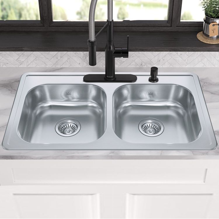 Franke Creemore 33" x 22" Drop-In Double-Bowl Kitchen Sink, Four-Hole, Stainless Steel/Satin - RDLA3319-6-4CBN (101.0599.975)
