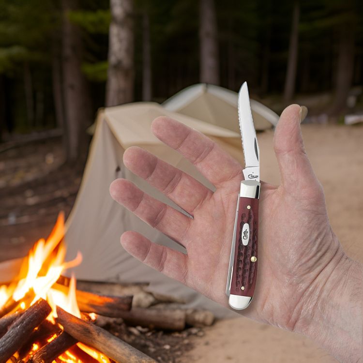 Case XX Pocket Worn Dual-Blade Mini Trapper Stainless Pocket Knife with Jigged Old Red Bone Handle, Clip and Spey Blades - 784