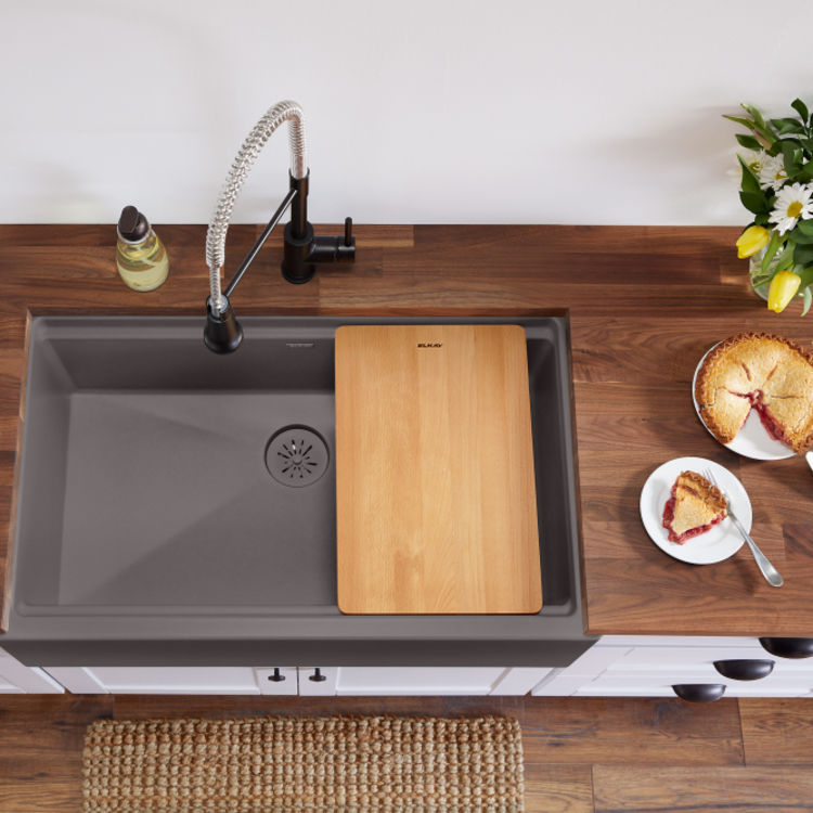 Elkay Quartz Luxe Silvermist 36in x 22in x 9in Single Bowl Apron Farmhouse Workstation Kitchen Sink Kit with Cutting Board, Drain  - ELXUFP362010SM0  