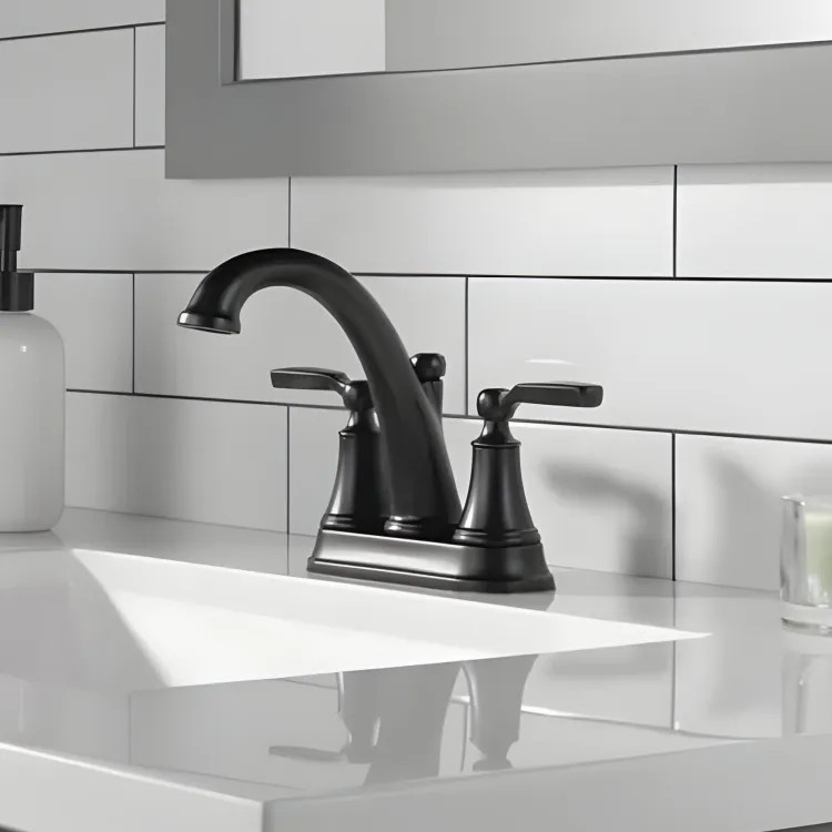 Delta Woodhurst Two-Handle Centerset Bathroom Faucet with 50/50 Pop-Up, Deck Mount, Lever Handles, Tract-Pack, 1.2 GPM, Matte Black - 2532LF-BLTP