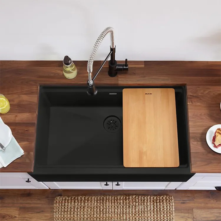 Elkay Quartz Luxe Caviar 36in x 22in x 9in Single Bowl Apron Farmhouse Workstation Kitchen Sink Kit with Cutting Board, Drain  - ELXUFP362010CA0  
