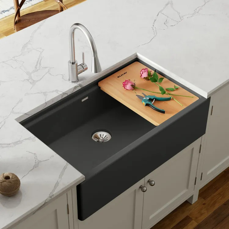 Elkay Quartz Luxe Charcoal 36in x 22in x 9in Single Bowl Apron Farmhouse Workstation Kitchen Sink Kit with Cutting Board, Drain  - ELXUFP362010CH0  