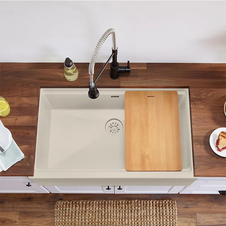 Elkay Quartz Luxe Parchment 36in x 22in x 9in Single Bowl Apron Farmhouse Workstation Kitchen Sink Kit with Cutting Board, Drain  - ELXUFP362010PA0  