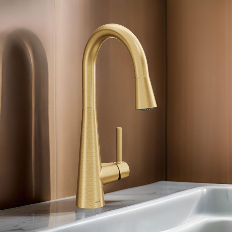 Moen Sleek Single Handle Pull-Down Bar/Prep Faucet, Brushed Gold - 7664BG