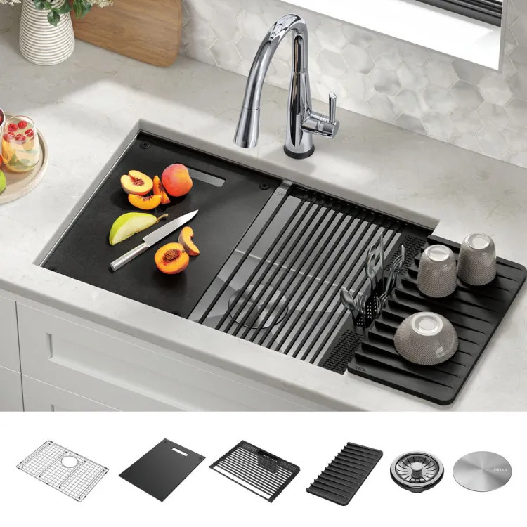 Delta Rivet 27” x 19” x 9-1/2” Single Bowl Undermount Workstation Kitchen Sink Kit, Stainless Steel - 95B931-27S-SS