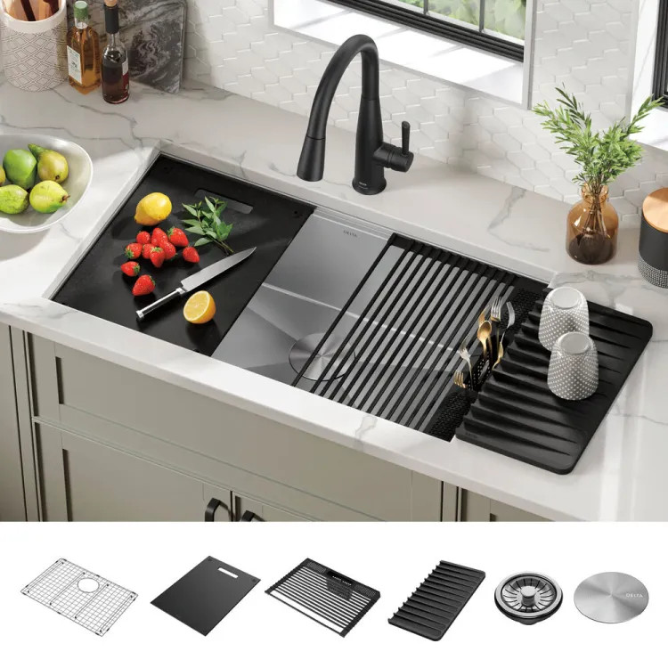 Delta Rivet 32” x 19” x 9-1/2” Single Bowl Undermount Workstation Kitchen Sink Kit, Stainless Steel - 95B931-32S-SS