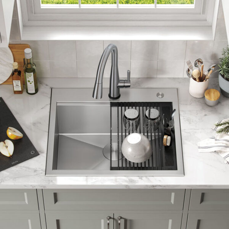 Delta Rivet 25" x 22" x 9-1/2" Single Bowl Drop-in Workstation Kitchen Sink Kit, Stainless Steel - 95A931-25S-SS