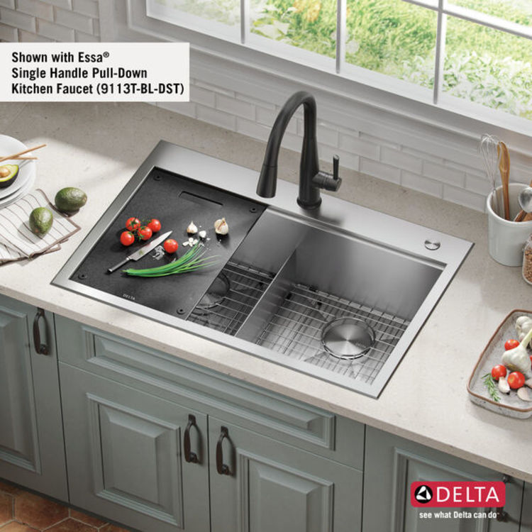 Delta Rivet 33" x 22" x 9-1/2" Double Bowl Drop-in Workstation Kitchen Sink Kit, Stainless Steel - 95A931-33D-SS