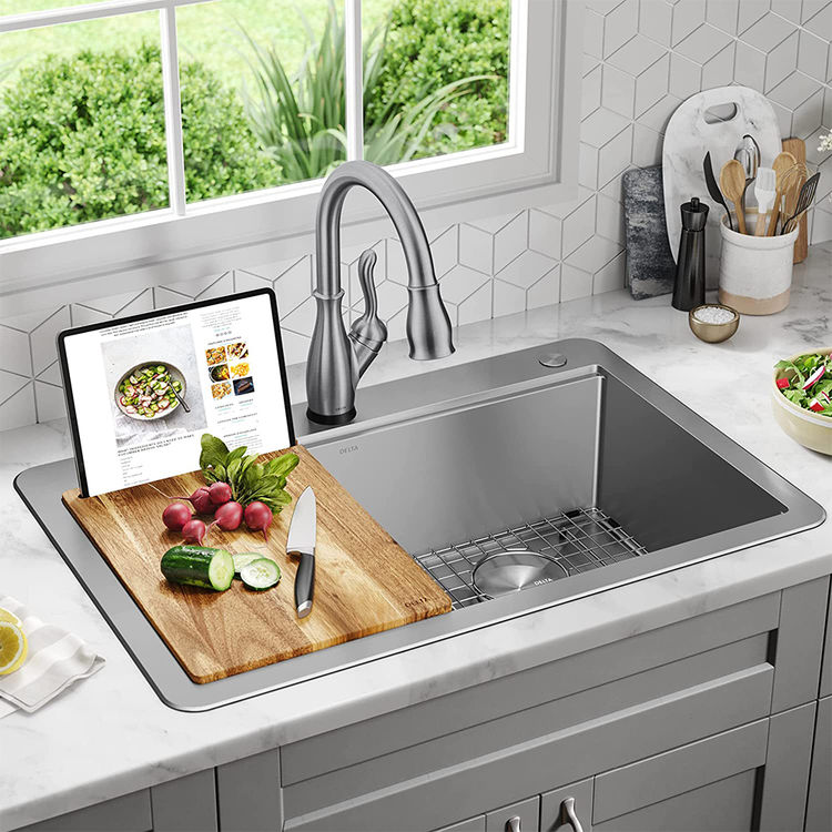 Delta Lorelai 33" x 22" x 9-1/2" Double Bowl Drop-in Workstation Kitchen Sink, Stainless Steel - 95A9032-T33D-SS