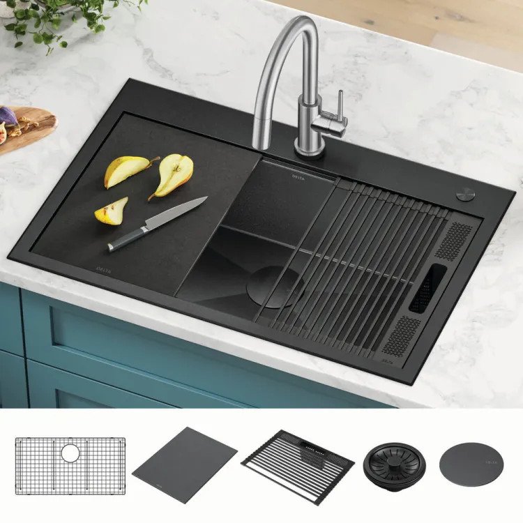 Delta Rivet 33" x 22" x 9-1/2" Single Bowl Drop-in Workstation Kitchen Sink Kit, Gunmetal  - 95A9031-T33S-GS