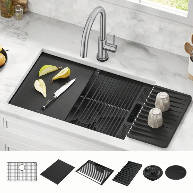 Delta Rivet 27" x 19" x 9-1/2" Single Bowl Undermount Workstation Kitchen Sink Kit, Gunmetal - 95B9031-27S-GS
