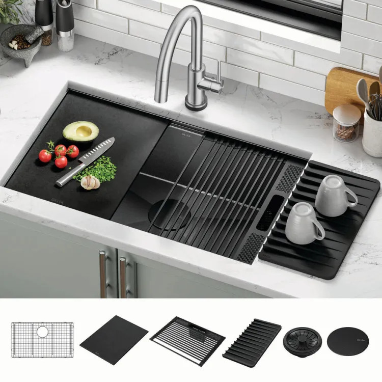 Delta Rivet 30" x 19" x 9-1/2" Single Bowl Undermount Workstation Kitchen Sink Kit, Gunmetal - 95B9031-30S-GS