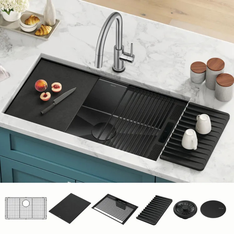 Delta Rivet 32" x 19" x 9-1/2" Single Bowl Undermount Workstation Kitchen Sink Kit, Gunmetal - 95B9031-32S-GS