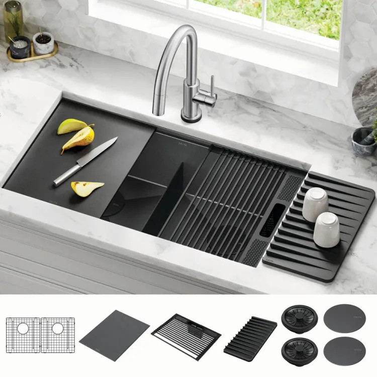 Delta Rivet 33" x 19" x 9-1/2" Two Bowl Undermount Workstation Kitchen Sink Kit, Gunmetal - 95B9031-33D-GS
