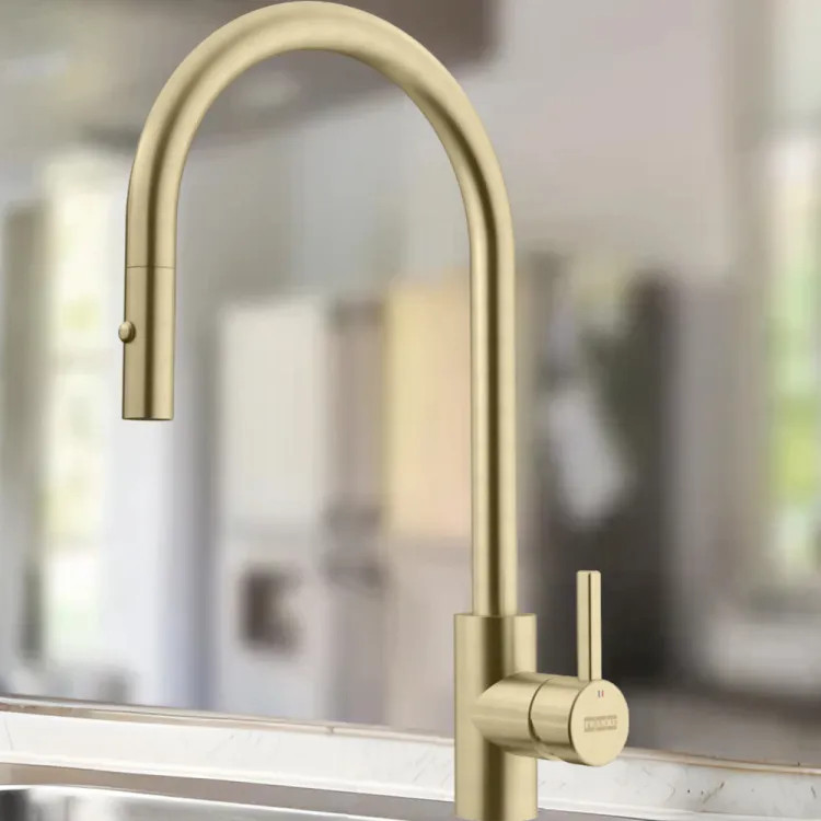 Franke Eos Neo 17" Pull-Down Single-Handle Kitchen Faucet with Nylon Hose, 1.75 GPM, Gold - EOS-PD-GLD