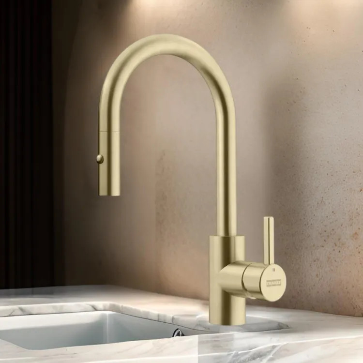 Franke Eos Neo 14" Single-Handle Pull-Down Prep Faucet with Nylon Hose, 360-Degree Rotation, 1.75 GPM, Gold - EOS-PR-GLD