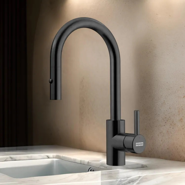 Franke Eos Neo 14" Single-Handle Pull-Down Prep Faucet with Nylon Hose, 360-Degree Rotation, 1.75 GPM, Industrial Black - EOS-PR-IBK