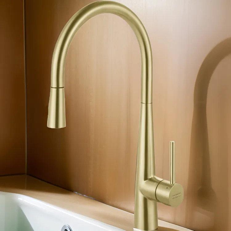 Franke Steel Single Handle High-Arc Pulldown Stainless Steel Kitchen Faucet, 360-Degree Swivel Spout, 1.75 GPM, Gold - STL-PD-GLD