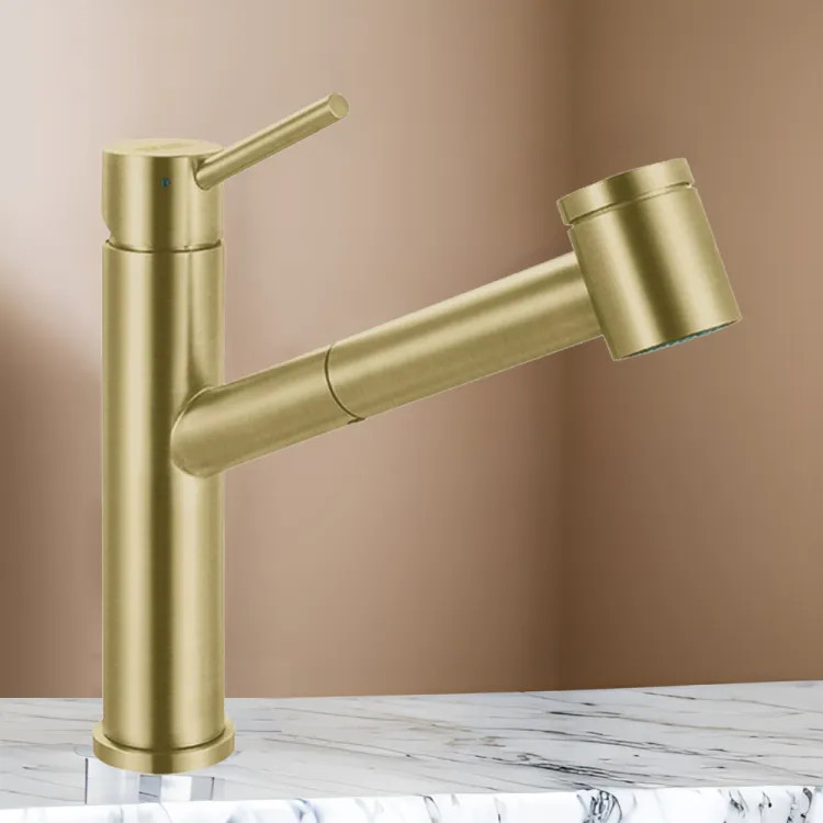 Franke Steel 9" Single Handle Stainless Steel Pullout Kitchen Sink Faucet, 150-Degree Swivel Spout, 1.75 GPM, Gold - STL-PO-GLD
