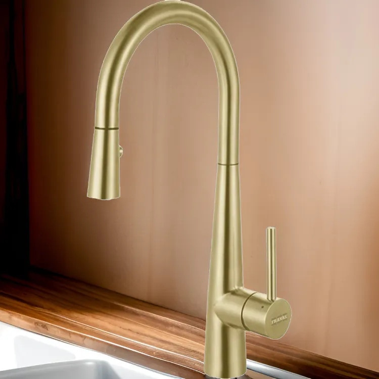 Franke Steel Single-Handle High Arc Pulldown Prep Faucet, 360-Degree Swivel Spout, 1.75 GPM, Gold - STL-PR-GLD